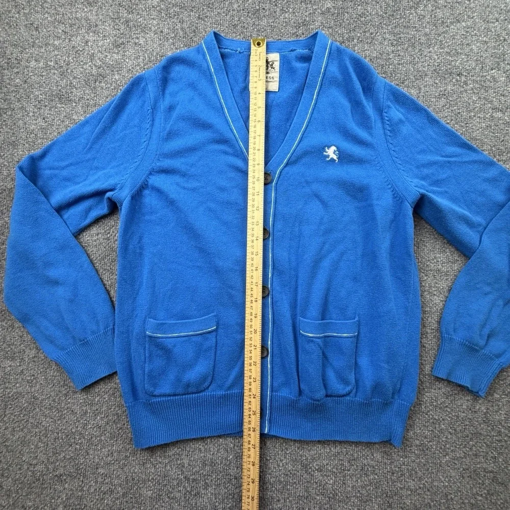 Express Mens Royal Blue Cotton V-Neck Cardigan Sweater Lion Logo Large